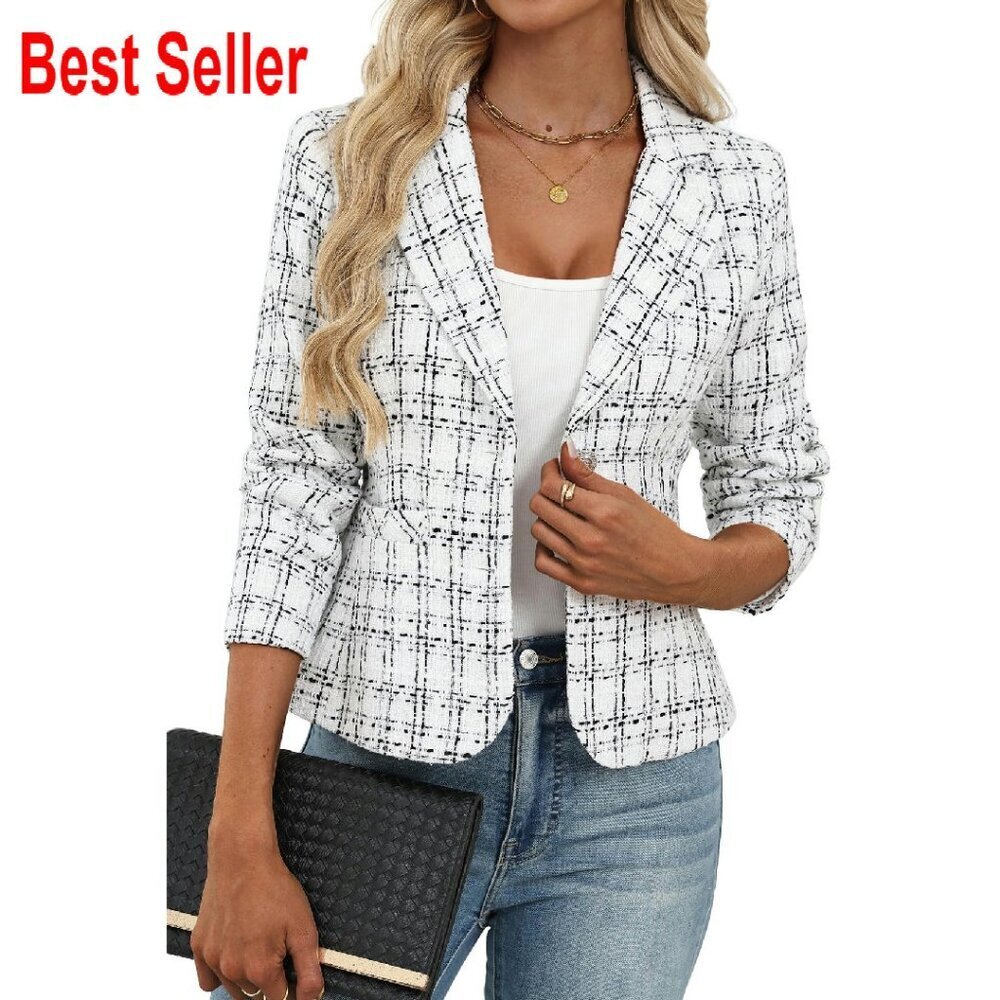 Tweed Blazer Slim Fit Business Casual Jacket Classic Elegant Work Wear - Picture 1 of 8
